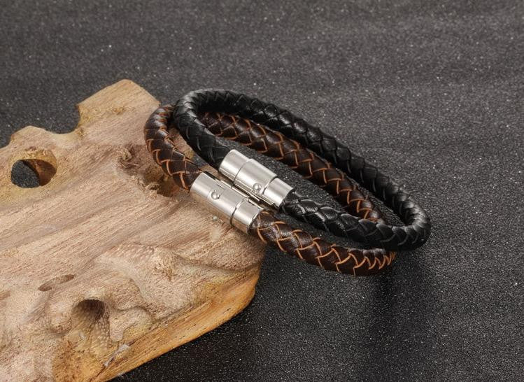 Stainless Steel Magnet Clasp Weave Leather Bracelet