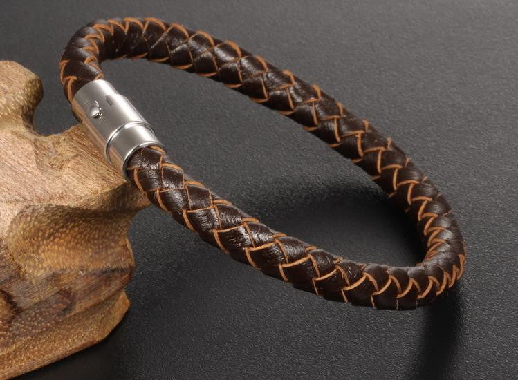 Stainless Steel Magnet Clasp Weave Leather Bracelet