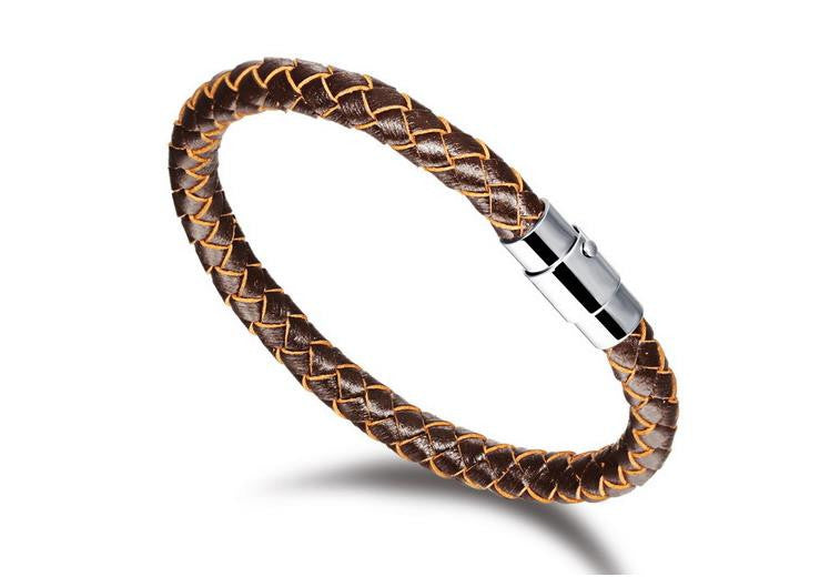 Stainless Steel Magnet Clasp Weave Leather Bracelet